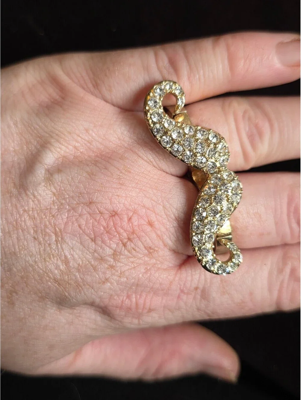 Y2k Novelty Rhinestone Handlebar Mustache Gold Tone Two-Finger Ring Stretch